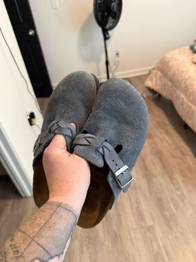 Birkenstock Suede Buckle Clog Mules in Slate Gray